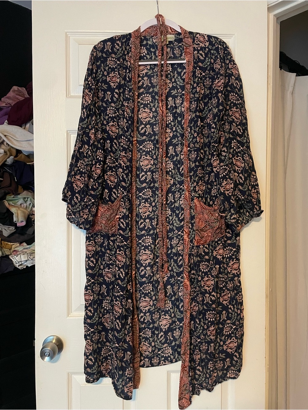 Cost Plus World Market Navy Floral Duster with Rust Accents